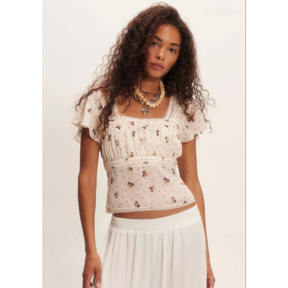 Free People Prairie Field Top Swan Combo NWT Smocked Boho Cottagecore Fairy Sz L